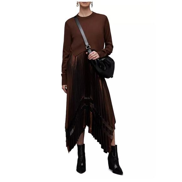 ALLSAINTS Nadia Foil Midi Dress Wool 2-in-1 Size Medium NWT - Picture 10 of 16